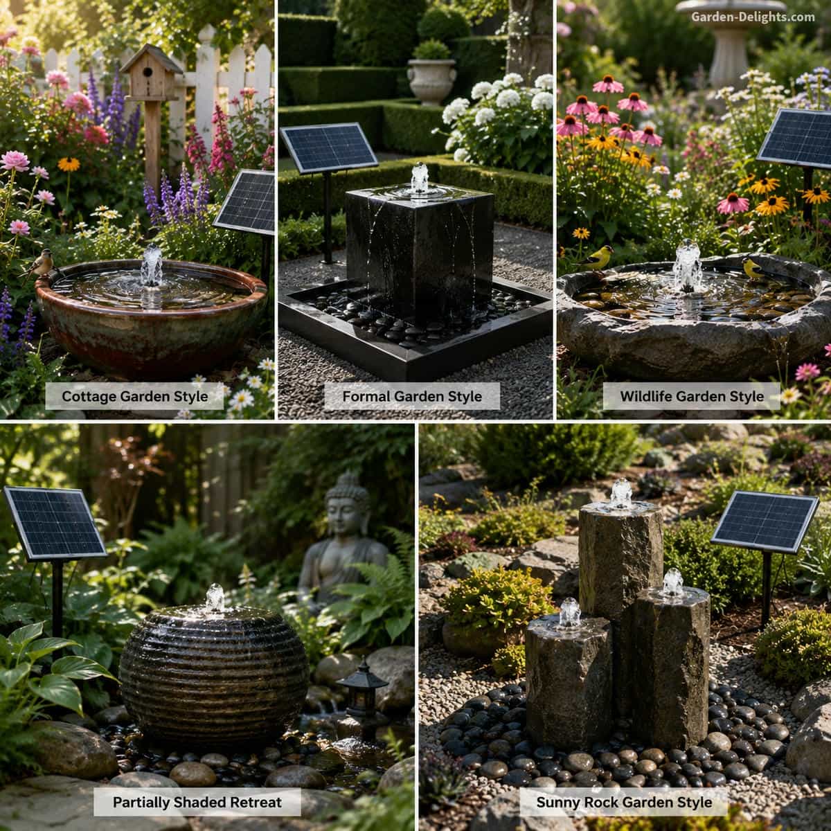 Solar water fountain styles shown in cottage flowers, formal hedges, a wildlife bird garden, a partially shaded retreat and a sunny rock garden with photovoltaic panels, bubbling water and battery backup options