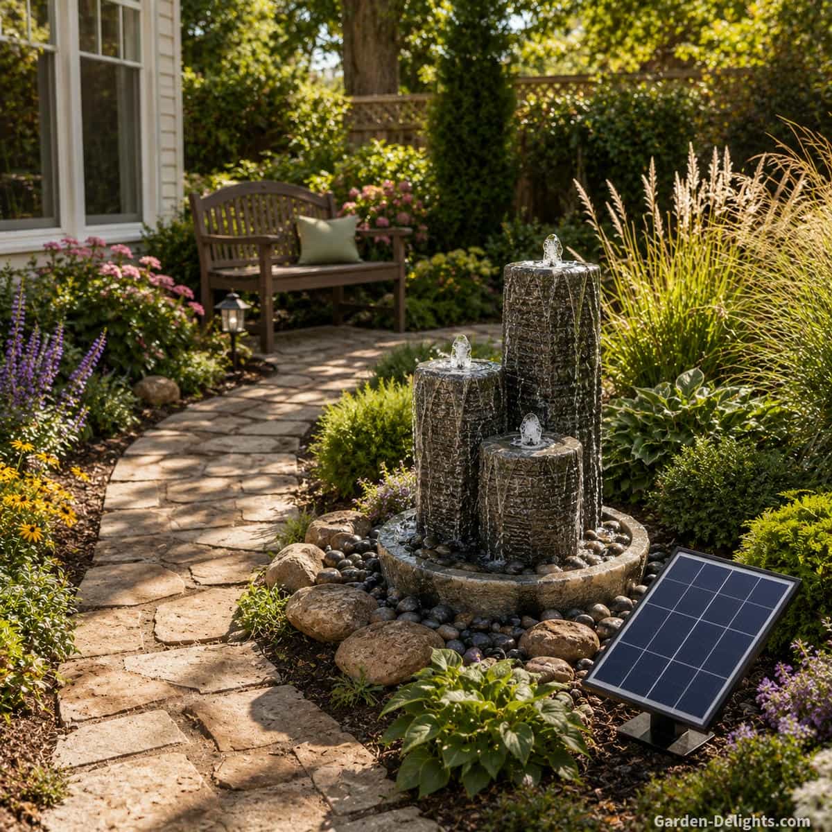 Curved flagstone garden path leading toward a solar water fountain with a separate photovoltaic panel in direct sunlight, layered flowering plants, ornamental grasses, evergreen shrubs, a peaceful wooden bench and clear views from nearby house windows