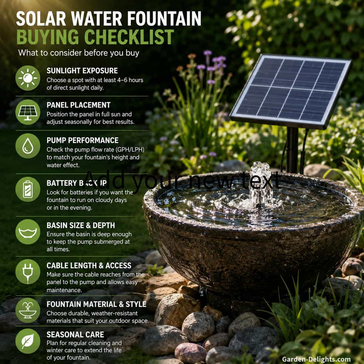 Solar water fountain buying checklist beside a bubbling outdoor fountain with a separate photovoltaic panel, showing sunlight, panel placement, pump flow, battery backup, basin size, cable access, planting and seasonal care