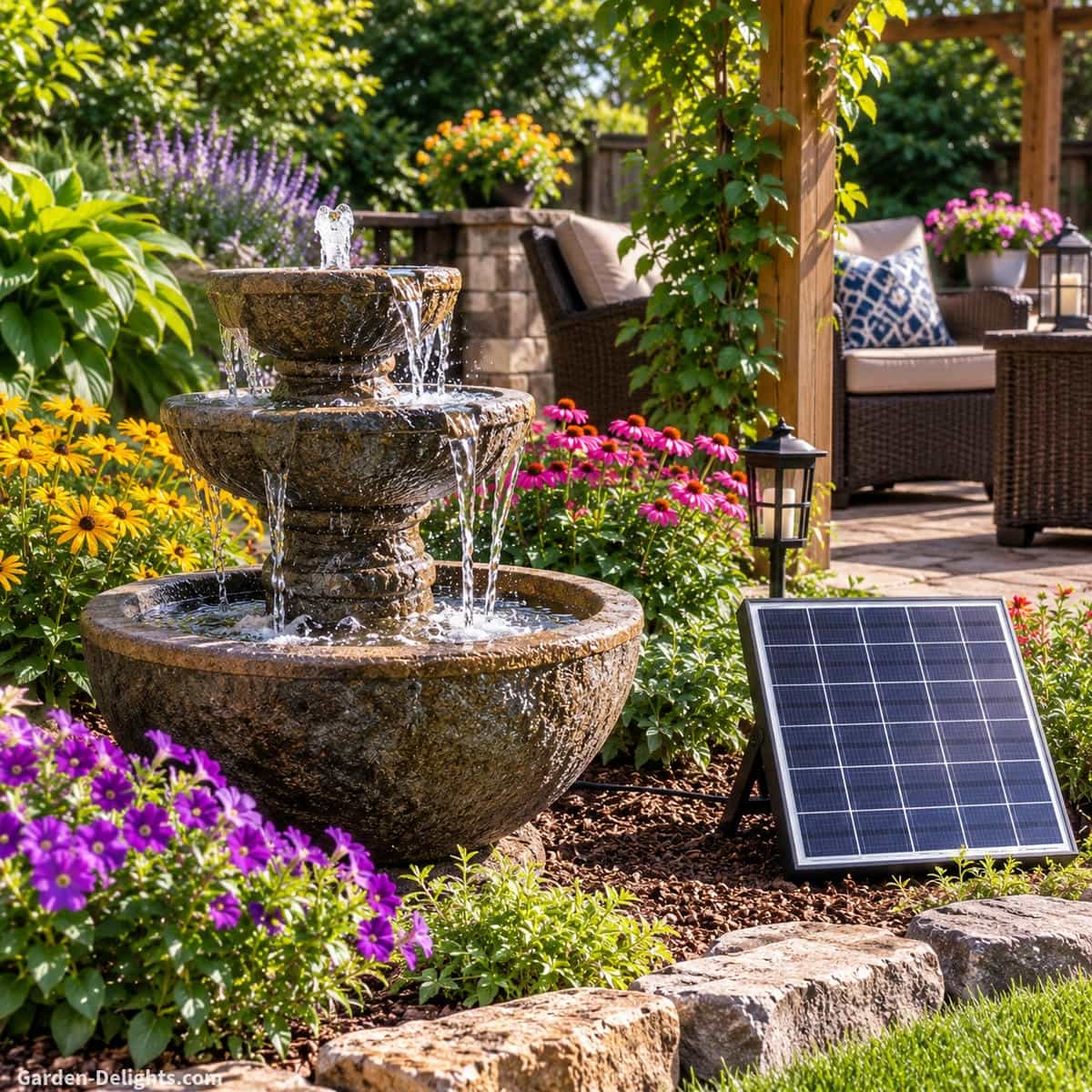 Solar powered tiered water fountain in a sunny landscaped garden with a separate photovoltaic panel, flowering plants, natural stone edging, nearby seating and layered cascading water showing solar panel placement, pump performance and balanced outdoor design