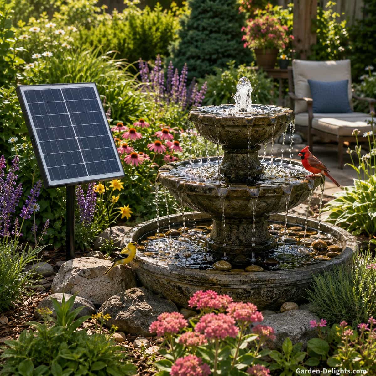 Solar water fountain in a landscaped backyard with a separate photovoltaic panel receiving full sunlight, flowering perennials, ornamental grasses, natural stone, visiting birds and gentle cascading water creating a peaceful wildlife friendly outdoor retreat