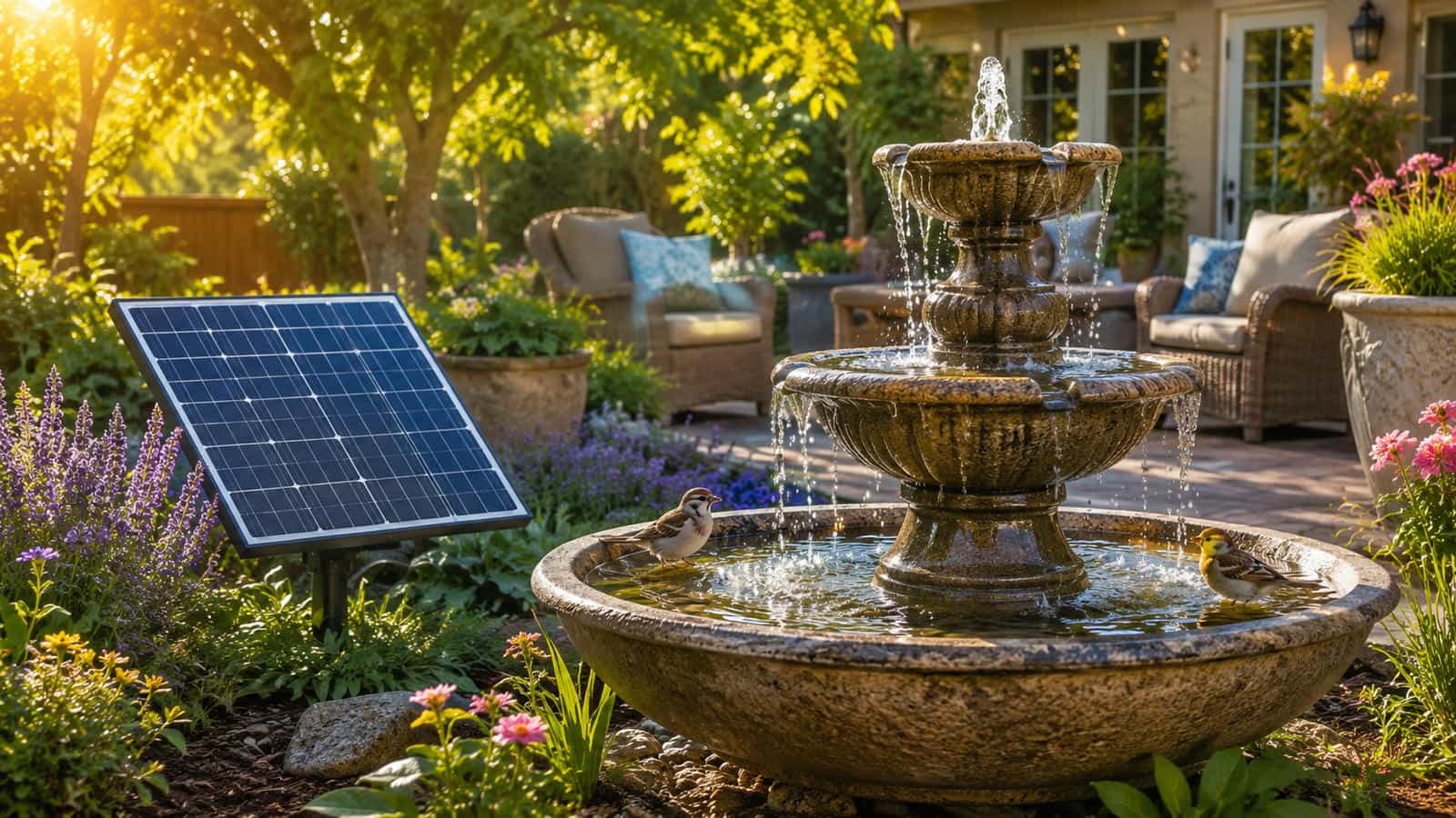 Solar water fountain in a landscaped backyard garden with a separate photovoltaic panel receiving direct sunlight, gently cascading water, flowering plants, patio seating and birds visiting the shallow basin