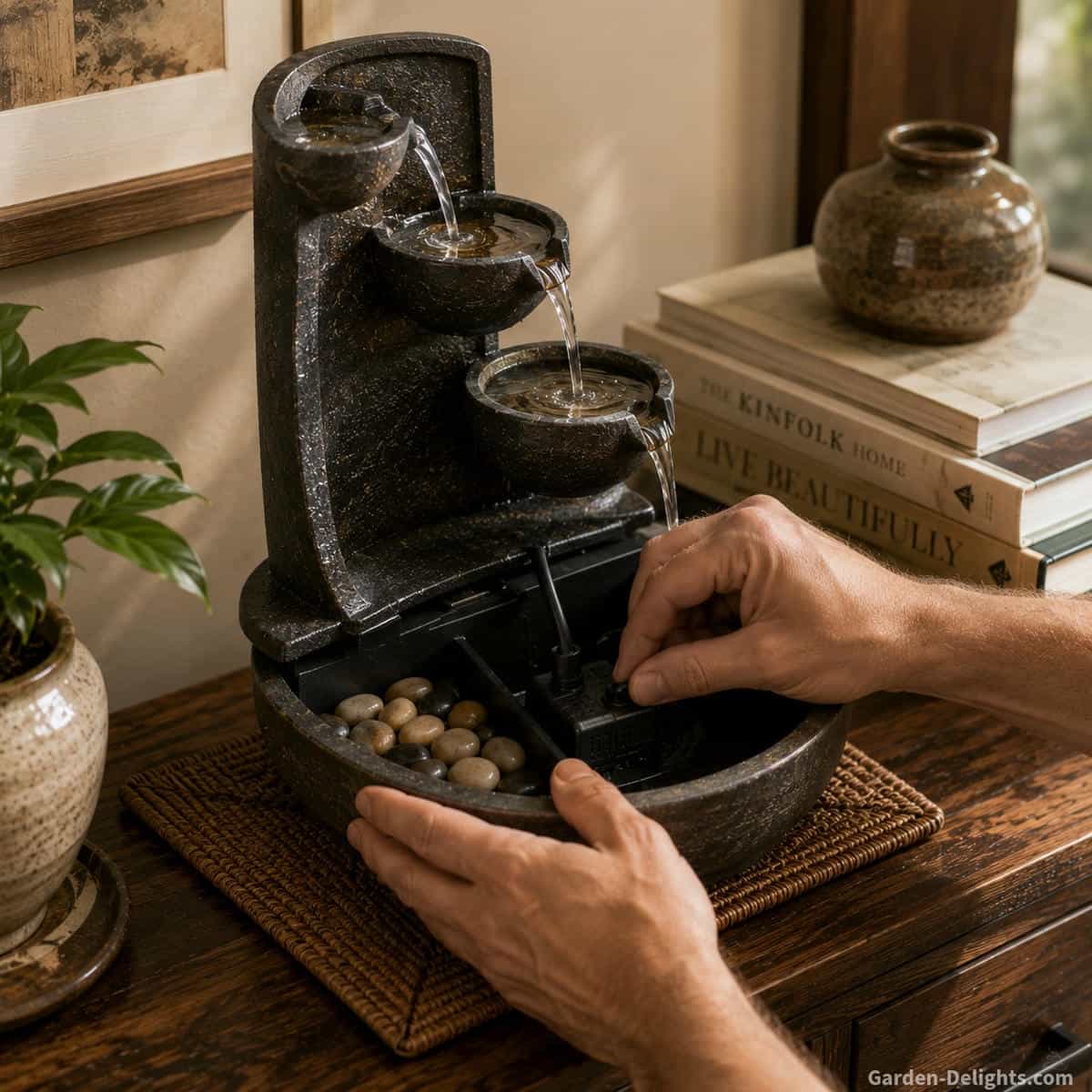 Compact tabletop waterfall fountain being adjusted by hand on a protected wood surface with smooth stones, visible pump access and nearby books