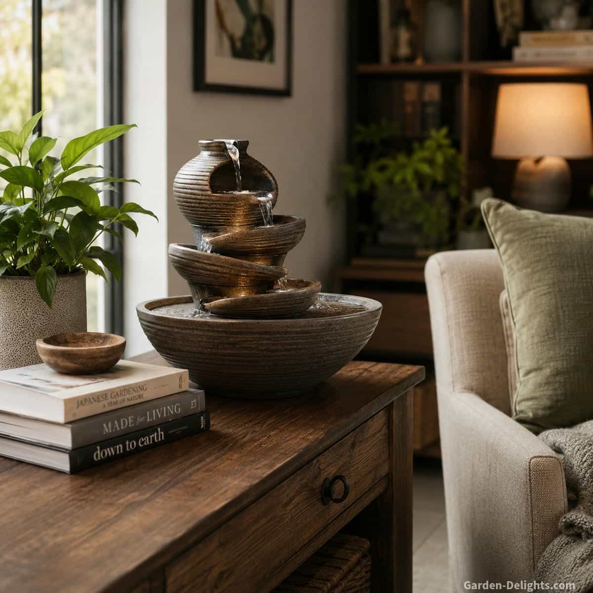 Layered ceramic tabletop water fountain on a sturdy wood console beside a reading chair, stacked books and leafy indoor plant in a comfortable naturally lit living room