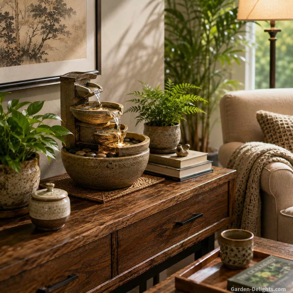Layered ceramic tabletop water fountain on a sturdy wood console beside a reading chair, books, indoor plant, framed artwork and open surface space for safe refilling and daily use