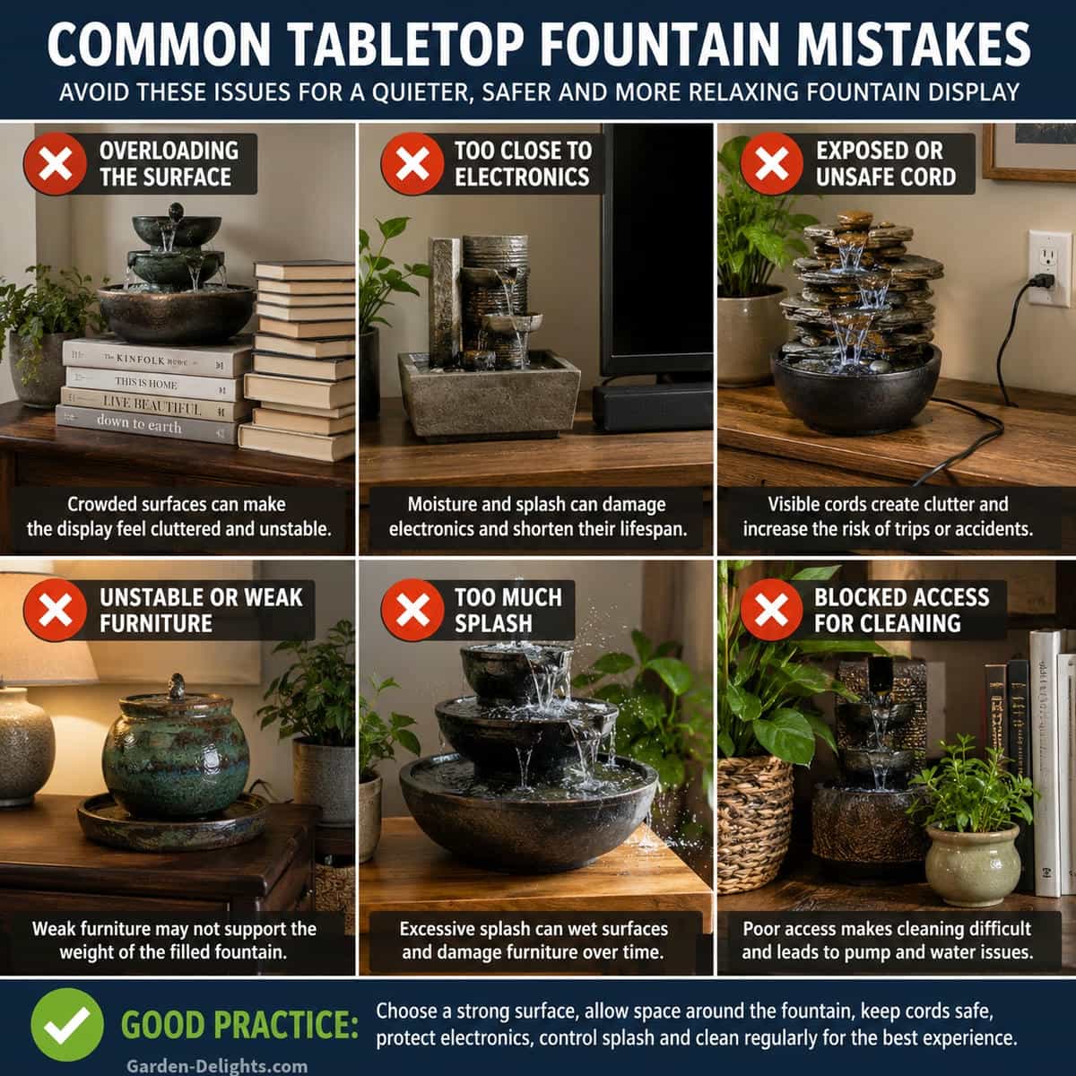 Tabletop fountain comparison showing crowded furniture, nearby electronics, exposed electrical cord, weak support, excessive water splash and blocked access for cleaning