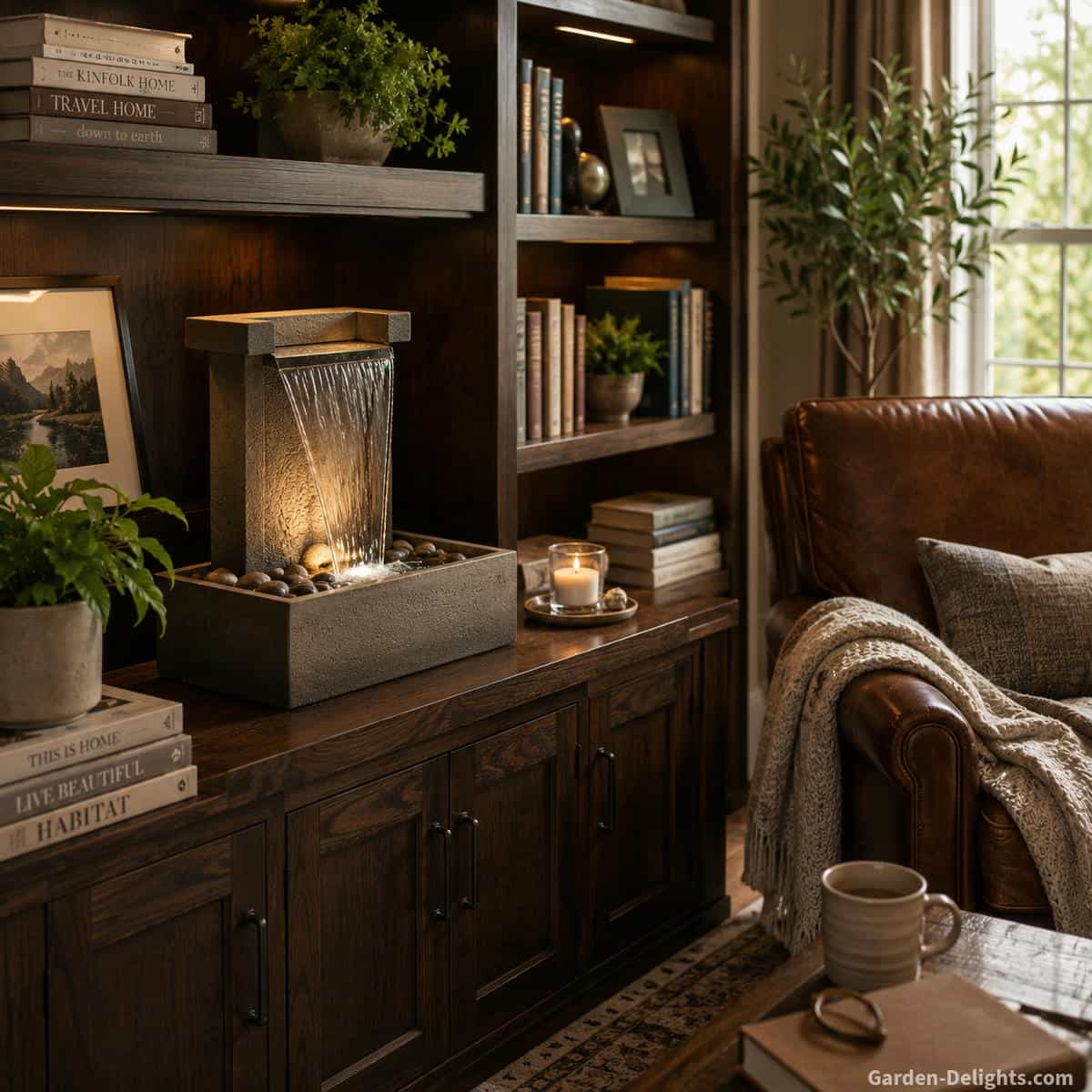 Modern sheet flow tabletop water fountain on a built in wood library cabinet beside a comfortable leather reading chair, books, indoor plants, concealed power cord and warm natural window light in a cozy home reading room