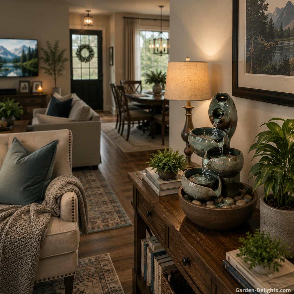 Ceramic tabletop water fountain on a wood console in an open concept living room with upholstered seating, area rugs, hardwood flooring, dining area, indoor plants and surrounding furnishings that influence indoor water sound