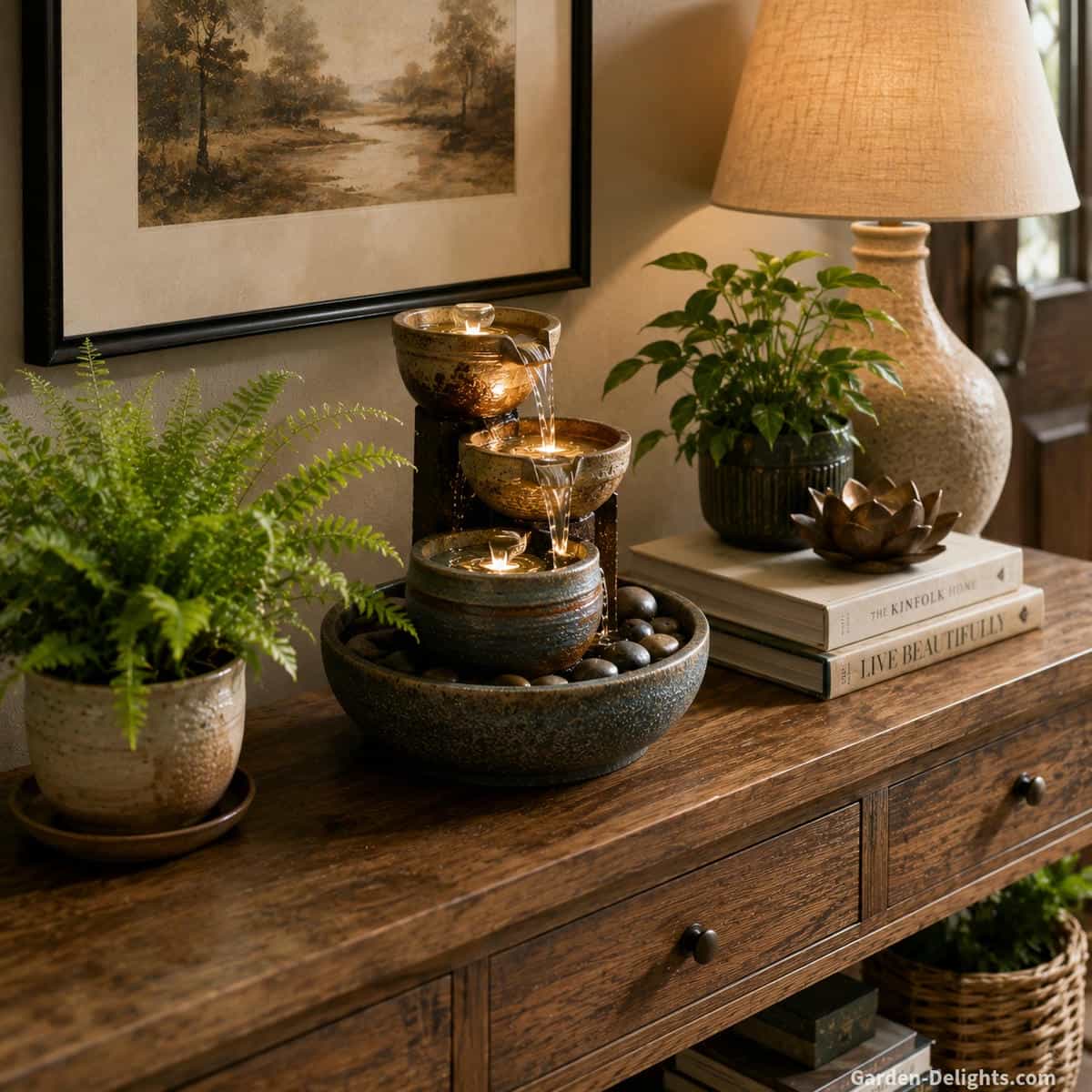 Ceramic tabletop water fountain arranged on a wood console with a compact fern, small stack of books, framed artwork, soft lamp and open space for cleaning and refilling