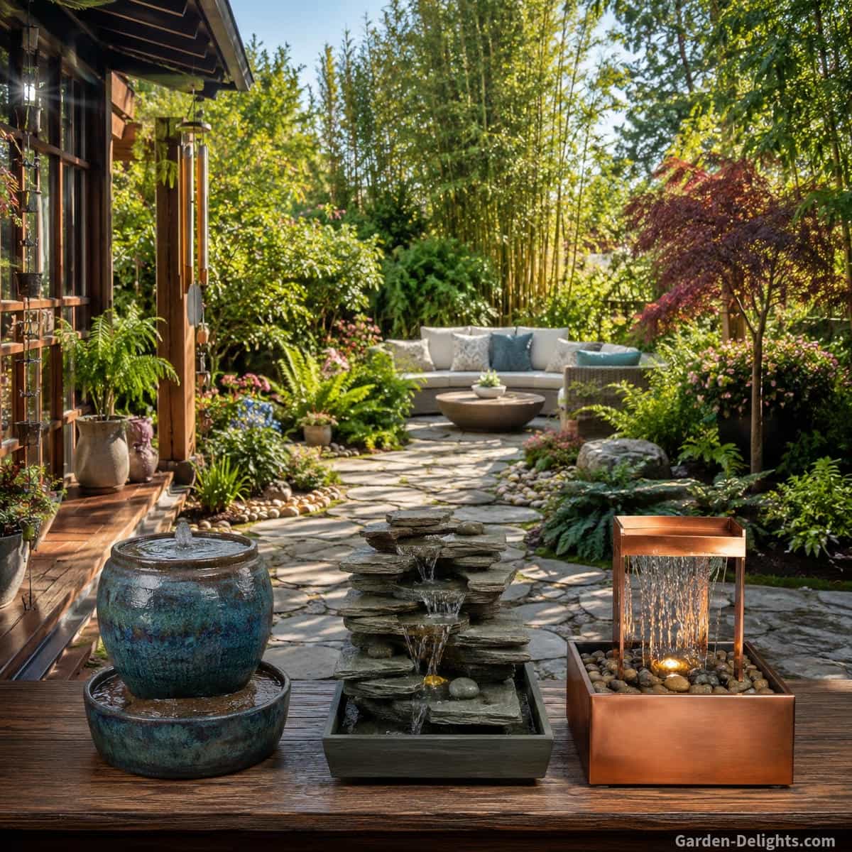 Three tabletop water fountains comparing glazed ceramic, layered natural slate and modern copper materials on a wood surface overlooking a bright landscaped outdoor living area