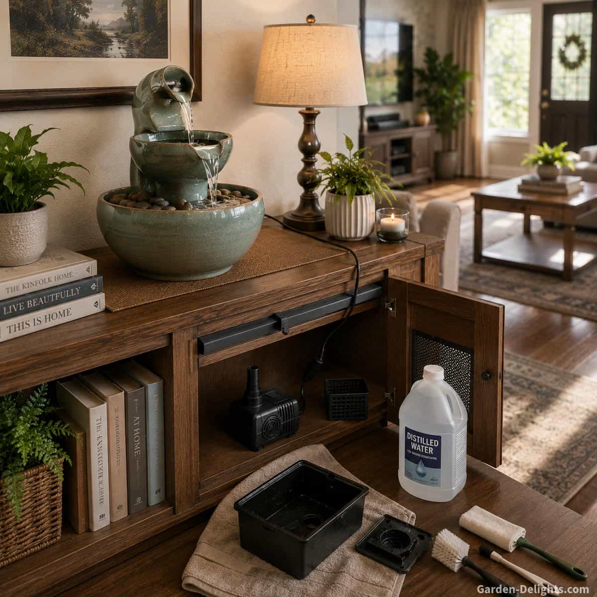 Tabletop water fountain on a protected wood console with concealed power cord, accessible pump, open cleaning space, distilled water container and electronics positioned beyond the splash area