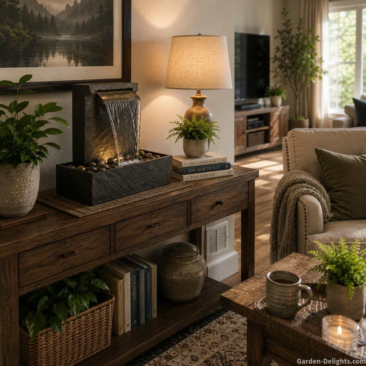 Modern slate tabletop waterfall fountain on a sturdy wood console in a comfortable living room with filtered window light, indoor plant, books, upholstered chair and protected distance from a heating vent