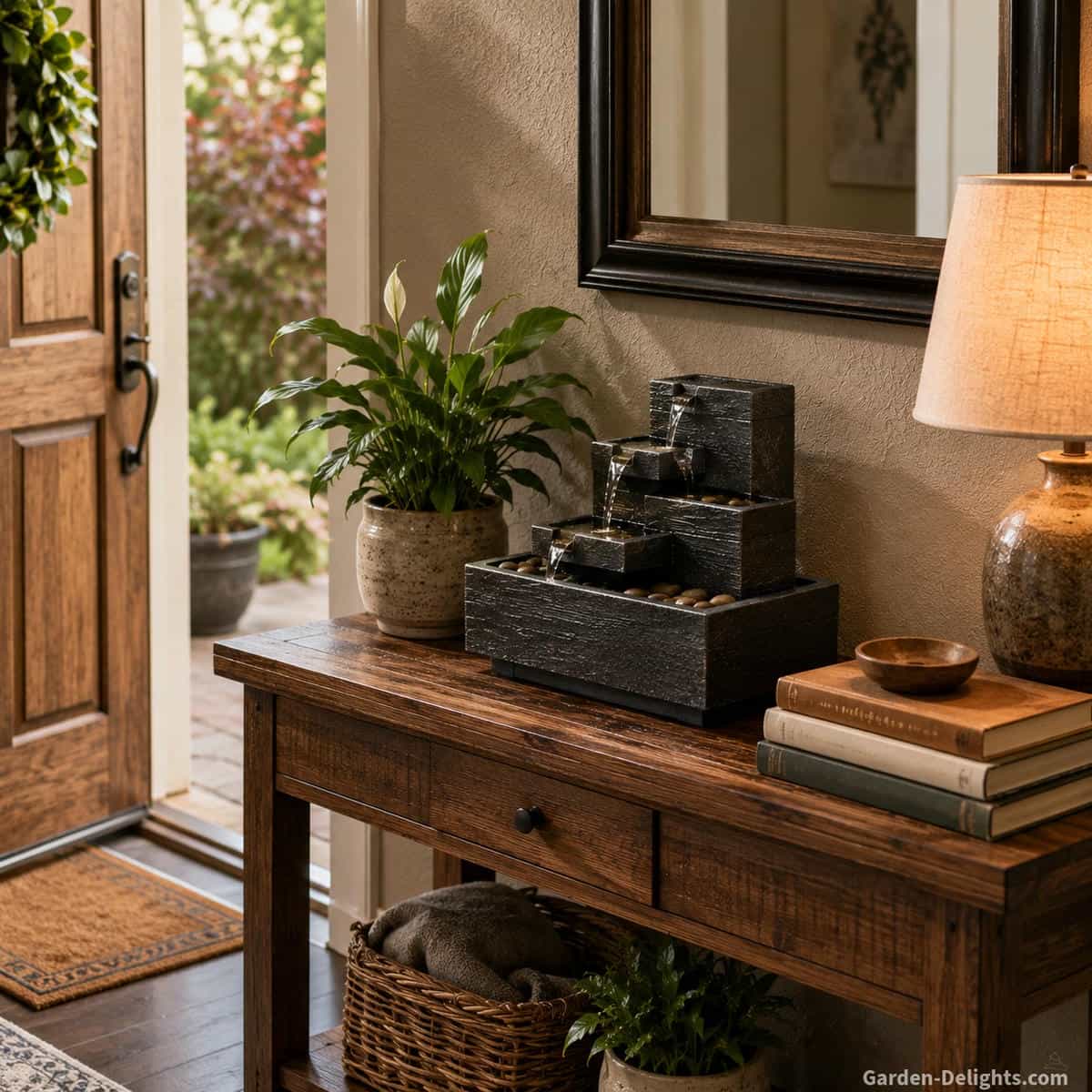 Well-proportioned tabletop slate water fountain on an entryway console table beside a table lamp, books, indoor plant and decorative mirror, showing balanced scale, open surface space and a welcoming front foyer