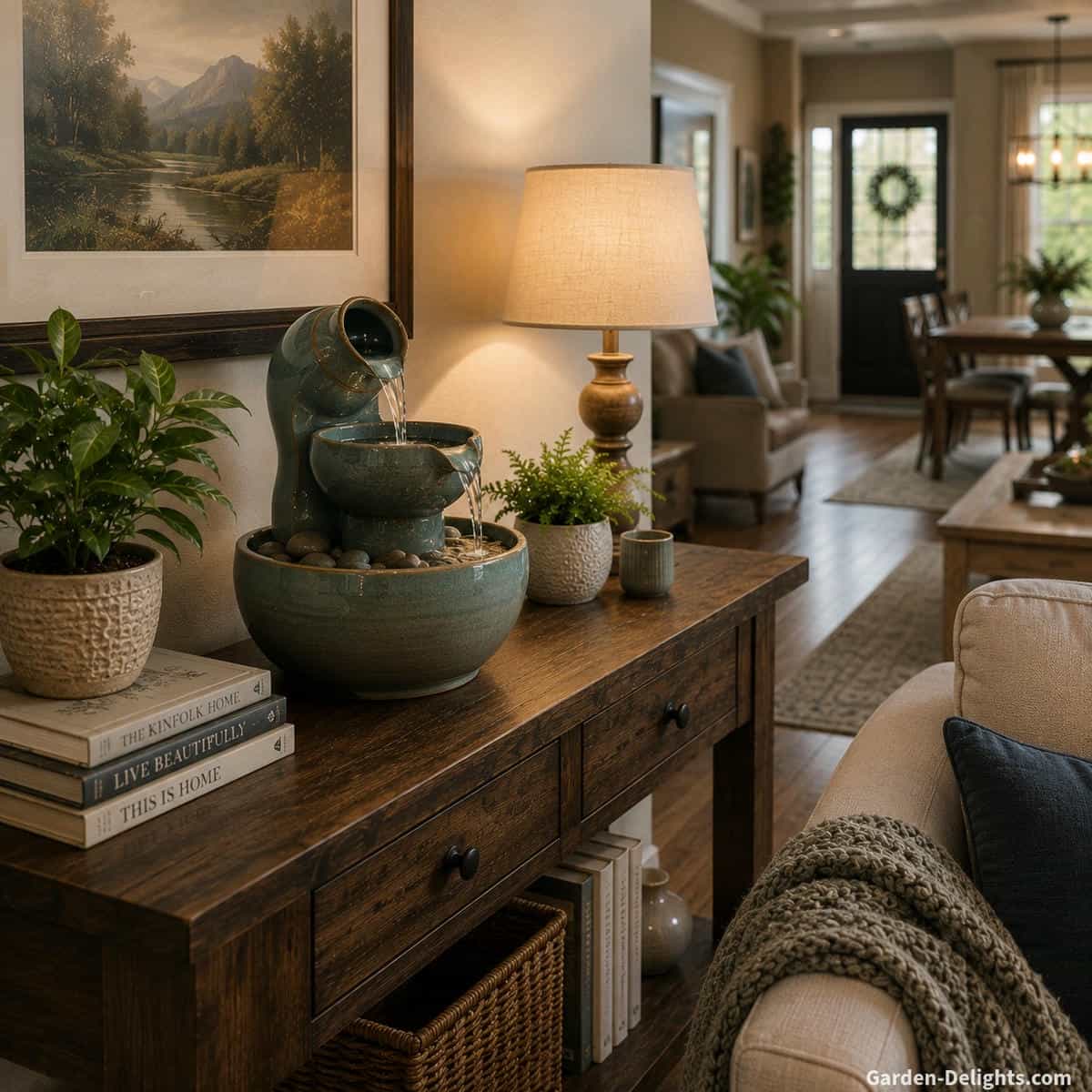 Medium ceramic tabletop water fountain centered on a sturdy wood console with books, lamp, indoor plant and open surface space showing balanced scale and proportion