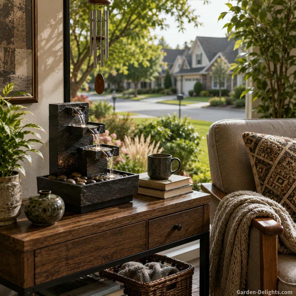 Layered slate tabletop fountain beside a reading chair, books, curtains, soft rug and indoor plant showing how furnishings support comfortable indoor water sound