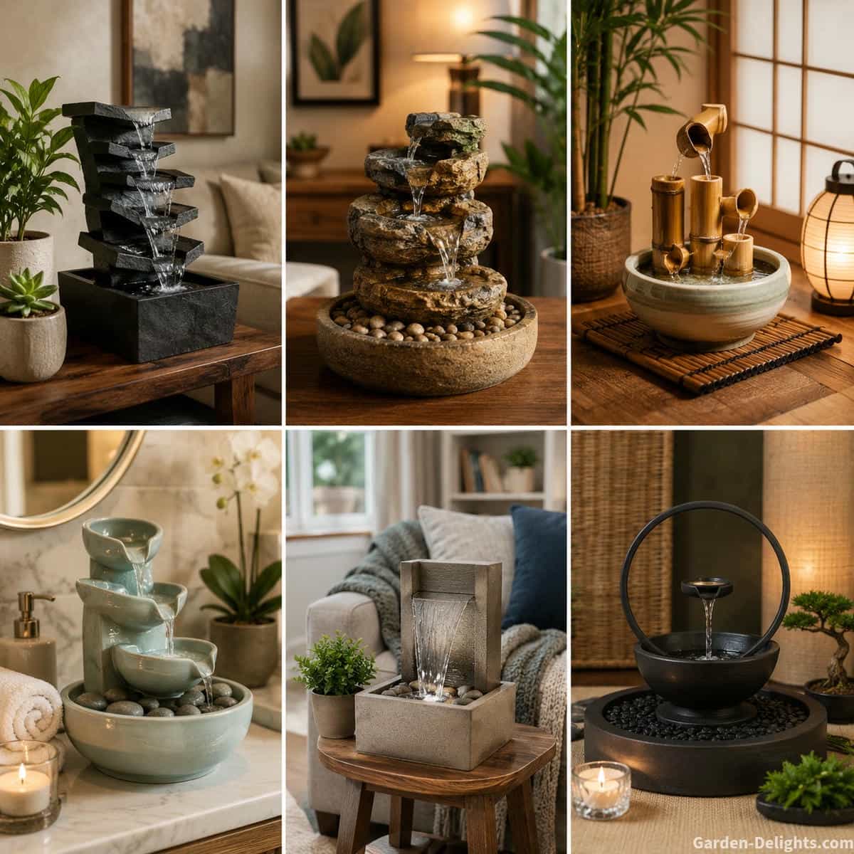 Coordinated display of modern slate, rustic stone, Japanese bamboo, spa ceramic and minimalist Zen tabletop fountains arranged within distinctive indoor decorating styles