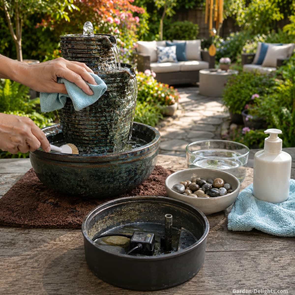 Cleaning a ceramic tabletop water fountain by wiping mineral residue, rinsing decorative stones and removing dust from the reservoir on a protected counter