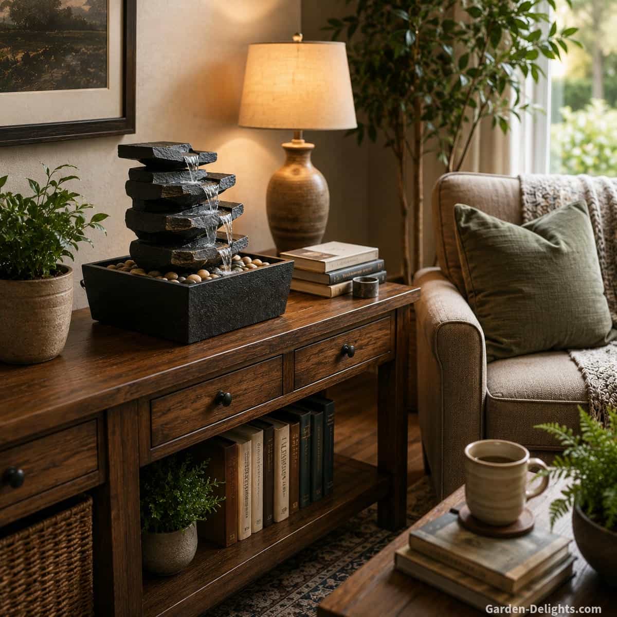 Slate tabletop water fountain placed on a sturdy wood console beside a reading chair, books, framed art and indoor plant with clear viewing and maintenance space