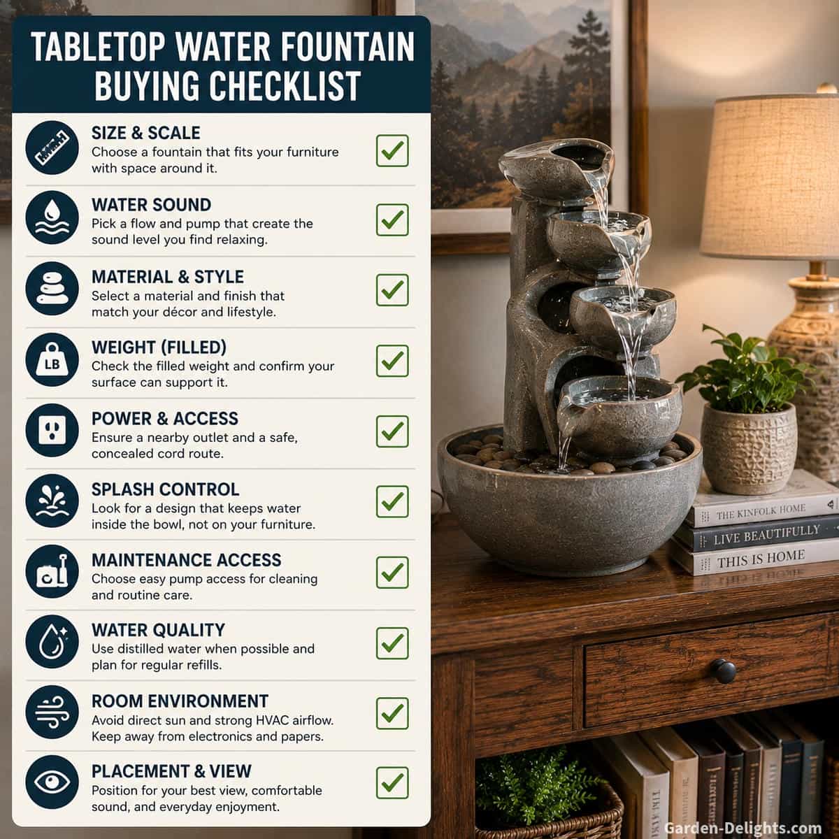 Tabletop fountain buying checklist beside a ceramic cascade on a sturdy wood console with books, plant, lamp and protected surface space for safe indoor use