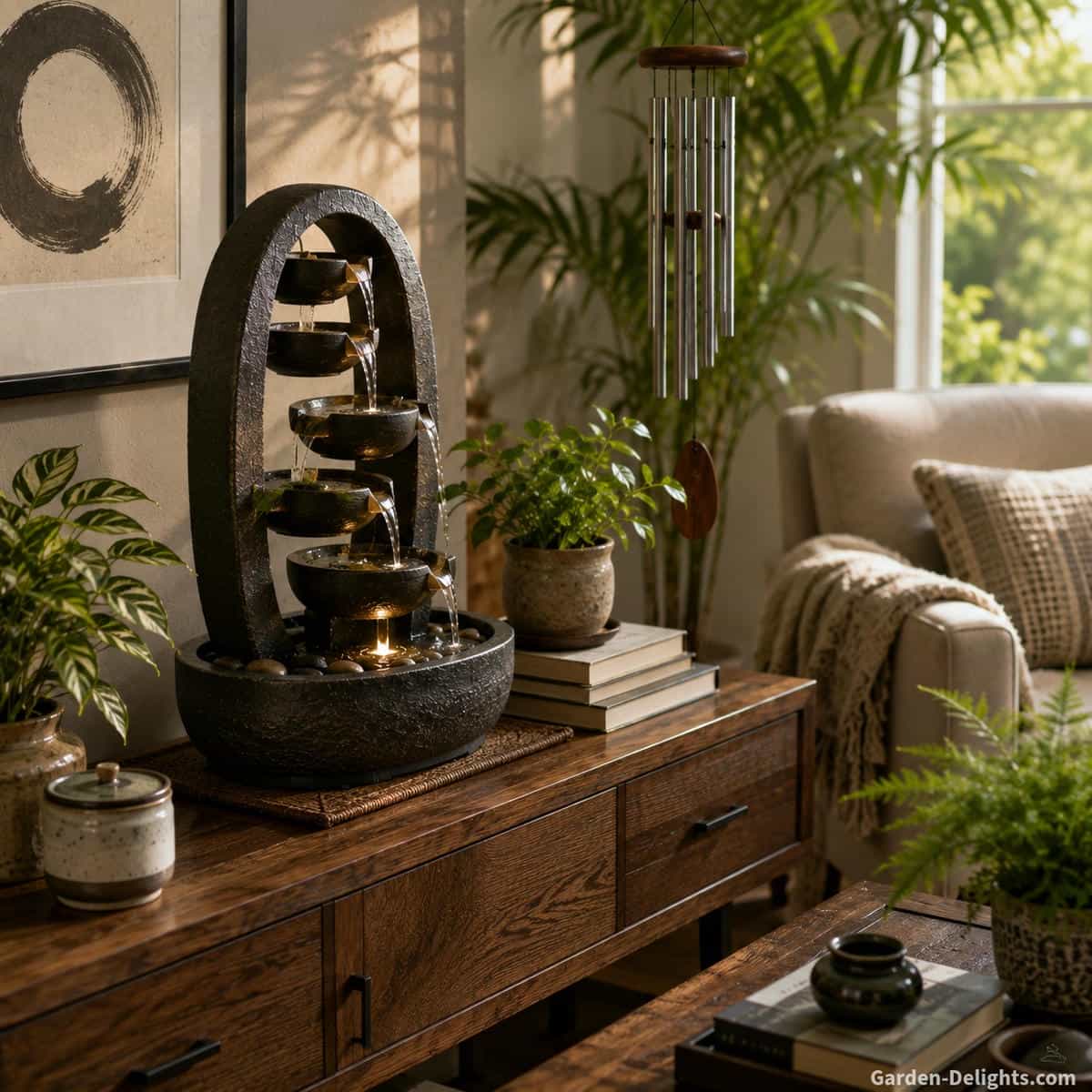 Elegant layered tabletop water fountain on a wood console table beside a reading chair, books, indoor plant, framed artwork and warm natural light in a comfortable living room