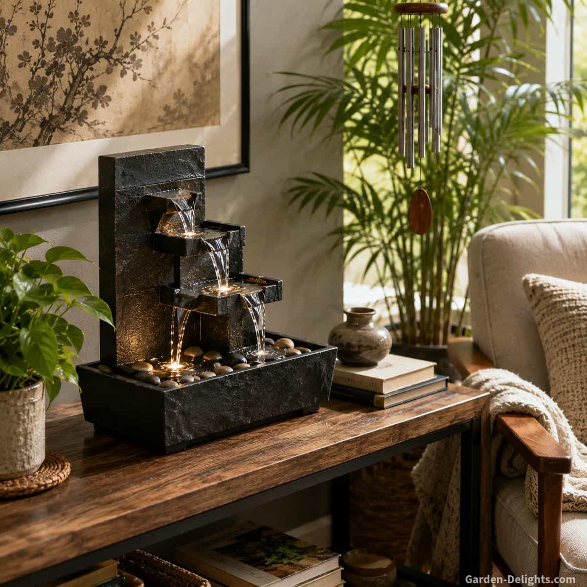 Modern slate tabletop water fountain on a sturdy console beside a comfortable reading chair, books, framed artwork, indoor plant and clear access for refilling in a peaceful living room