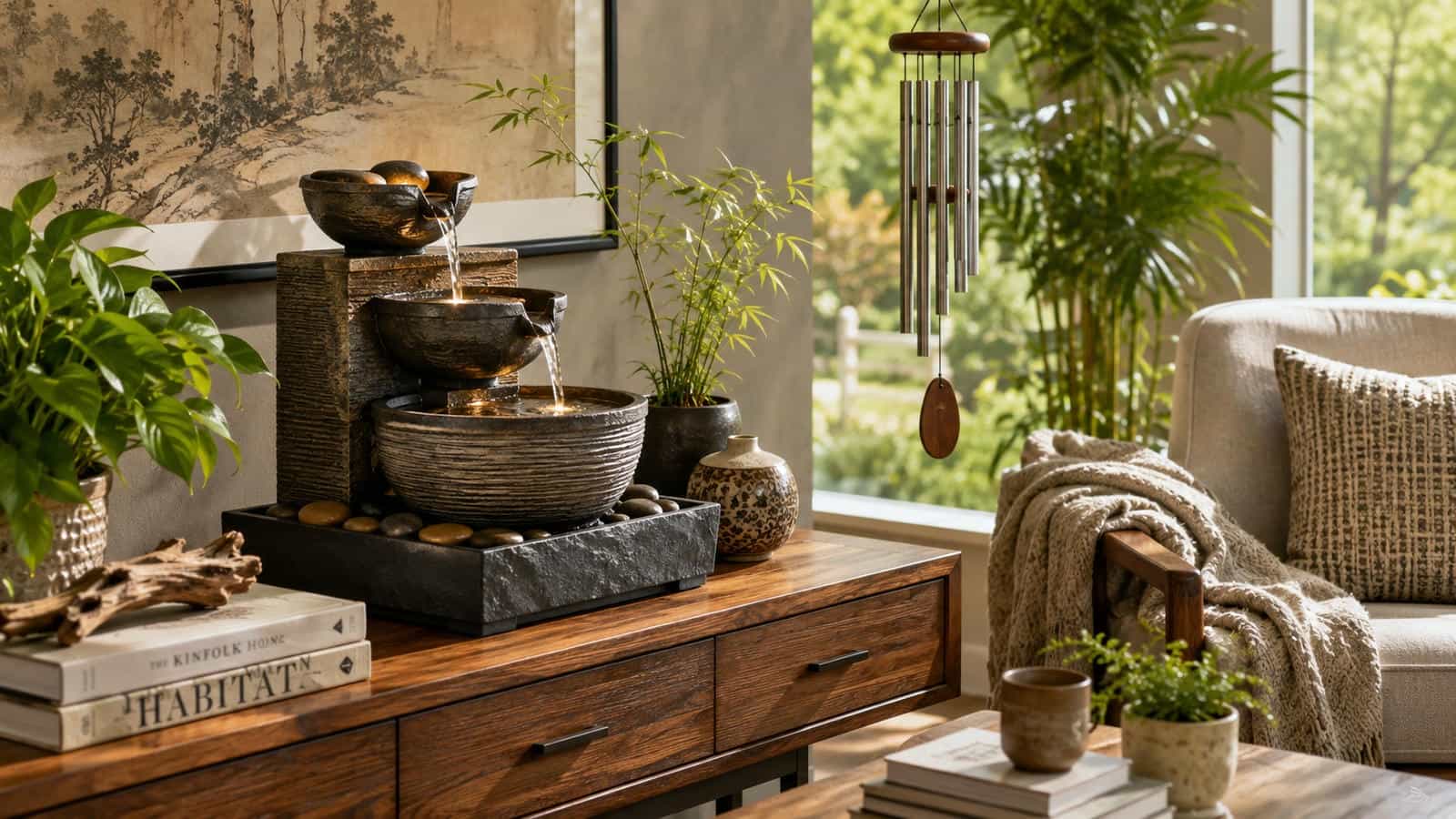 Elegant tabletop water fountain with a gentle layered cascade on a wood console table beside a reading chair, books, a leafy indoor plant and warm natural window light in a comfortable living room