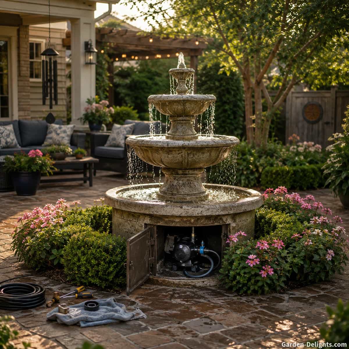 Three tier cast stone fountain in a beautifully landscaped middle class backyard with the lower pump access panel open while adjusting water flow, pump settings, basin water level and cascading balance for quieter, smoother fountain sound beside a comfortable patio seating area