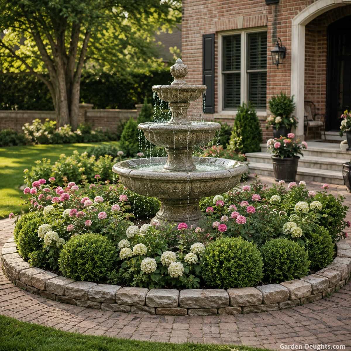 Three tier cast stone water fountain creating a landscape centerpiece in a circular front yard garden with flowering shrubs, clipped boxwood, natural stone edging and a traditional brick home
