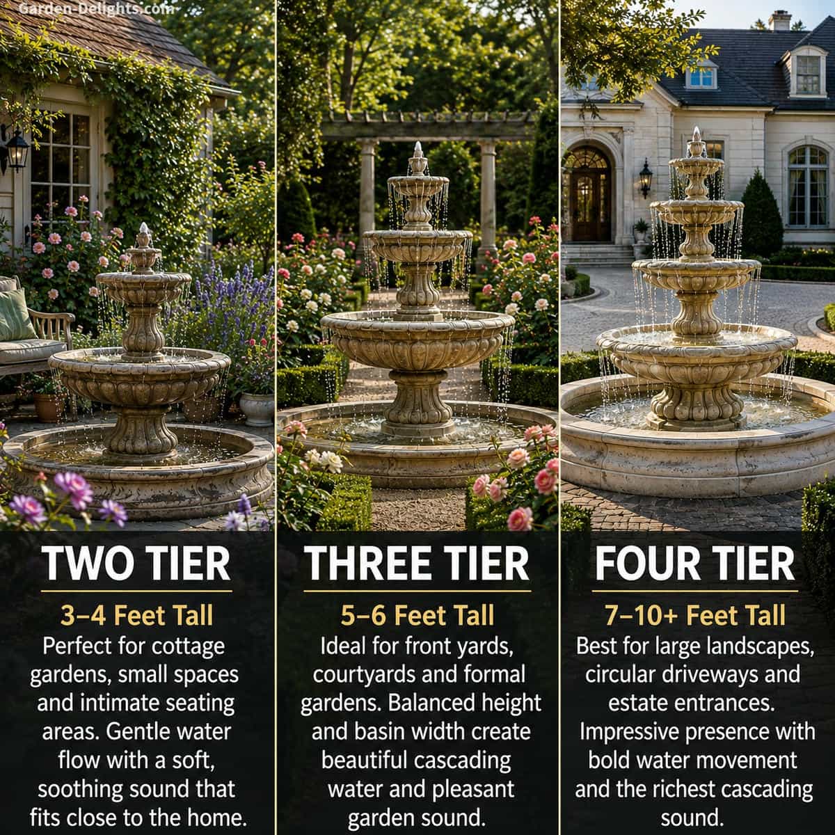 Landscape comparison showing a small two tier weathered stone fountain in an English cottage garden, a three tier cast stone fountain in a formal rose garden and a four tier limestone fountain at a luxury estate entrance