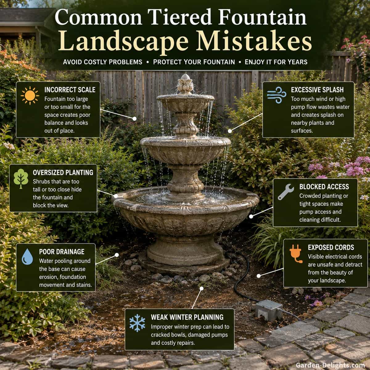Three tier concrete fountain showing common landscape mistakes including an uneven foundation, oversized shrubs hiding the lower basin, narrow maintenance access, excessive wind driven splash, exposed electrical cord and poor drainage around the pedestal