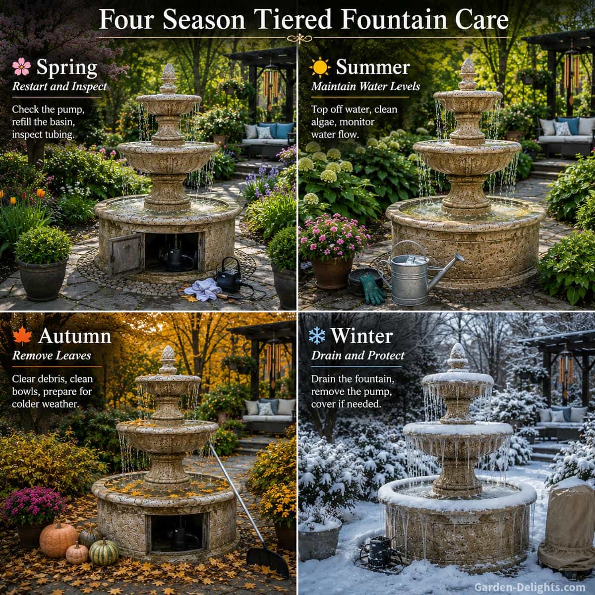 Four season tiered fountain care scene showing spring pump restart, summer water level checks, autumn leaf removal and winter drainage around a three tier limestone fountain in a changing formal garden