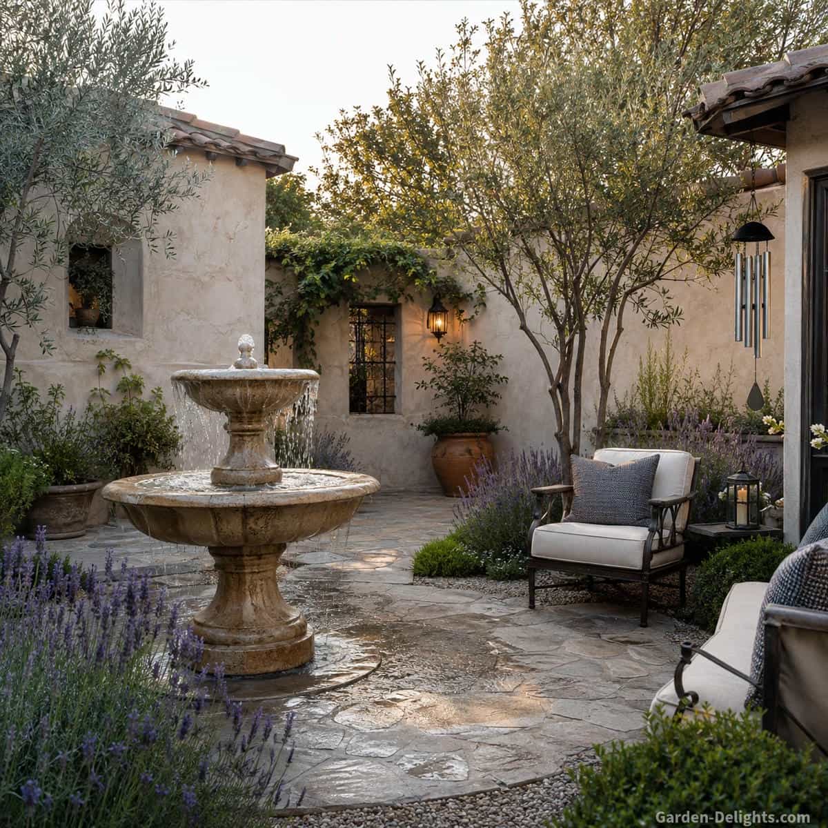 Two tier limestone fountain in a Mediterranean courtyard showing sound reflection from stucco walls and stone paving softened by lavender, olive trees, gravel borders and upholstered outdoor seating