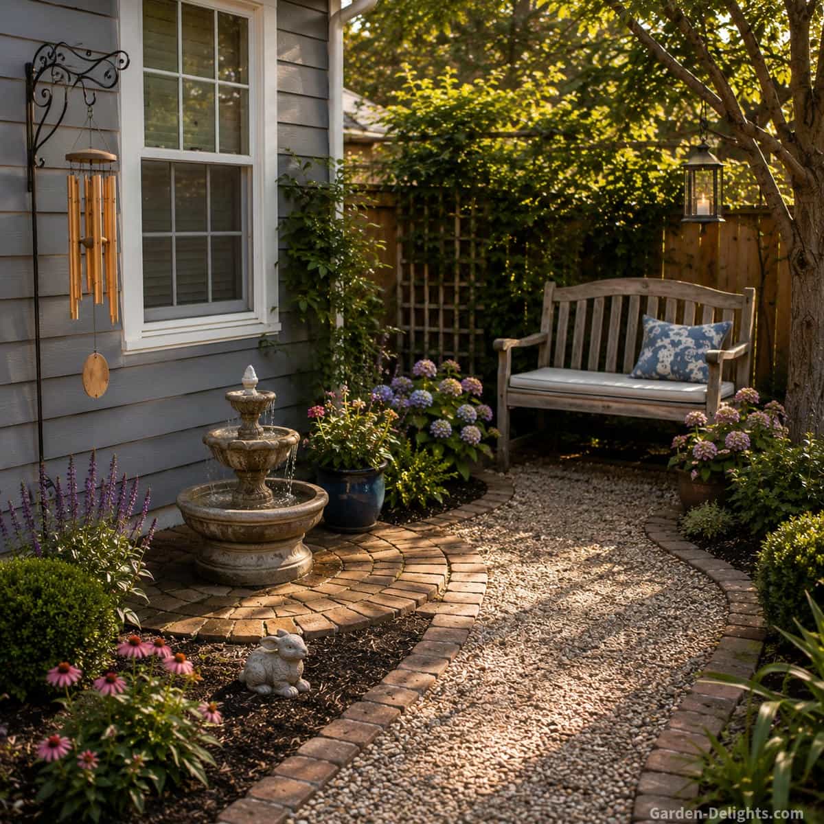 Small two tier cast stone fountain on a circular brick patio beside a middle class home with a gravel garden path, low maintenance flowers, boxwood shrubs, bamboo wind chimes, a wooden bench and open access for easy long term care