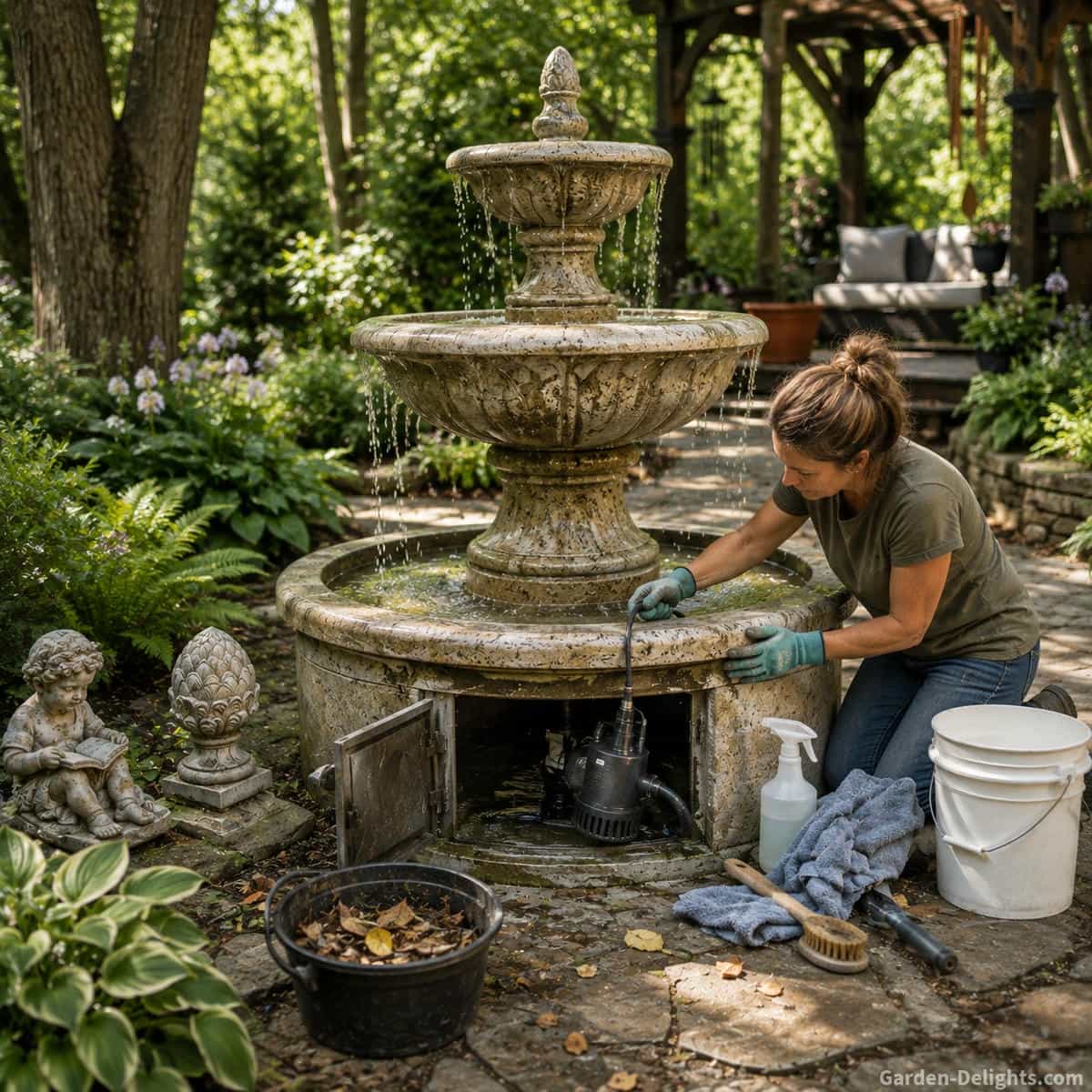 Weathered two tier stone fountain being cleaned in a shaded woodland garden with fallen leaves removed, mineral deposits wiped from the bowls and the recirculating pump lifted from an accessible basin