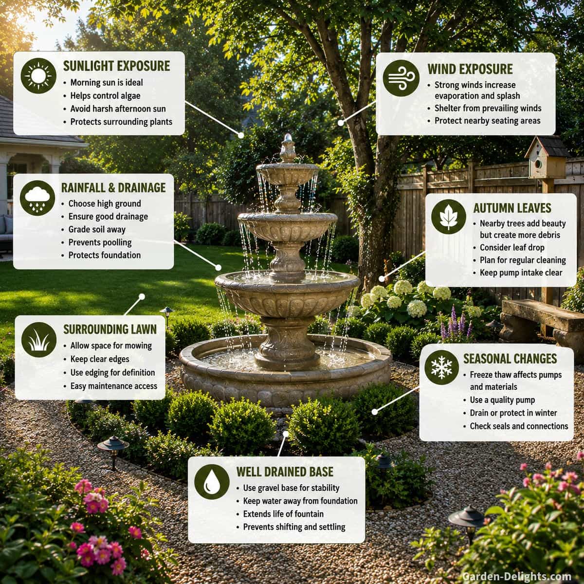 Three tier cast stone fountain in a park inspired garden showing morning sun, afternoon shade, wind exposure, autumn leaves, surrounding lawn, mature trees and well drained gravel paths