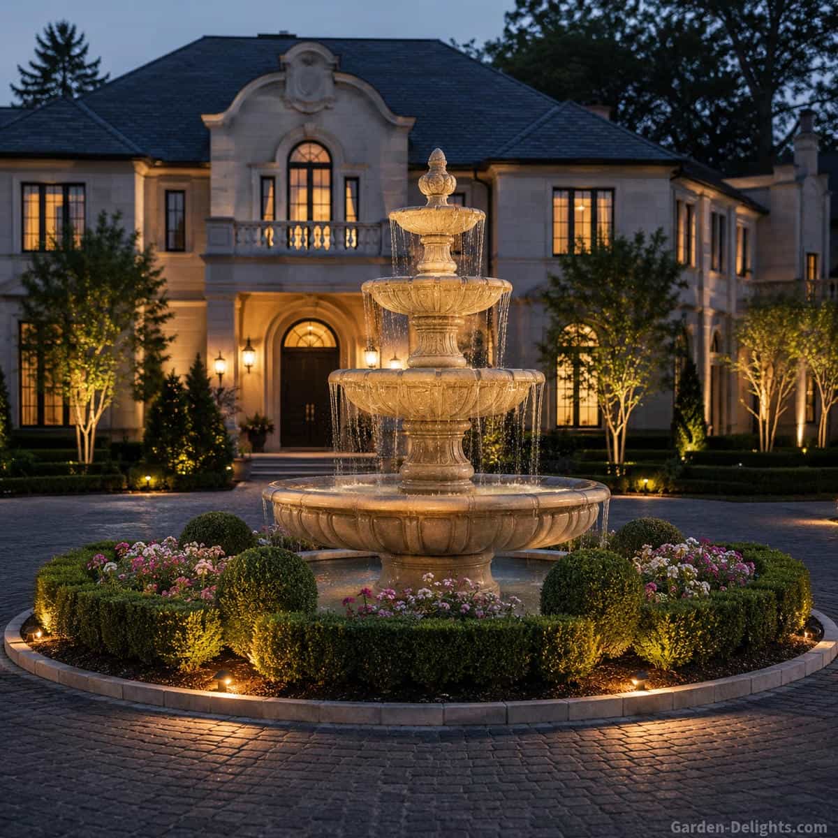 Grand four tier limestone fountain centered in a circular estate driveway with symmetrical hedges, flowering borders, curved stone edging and warm evening landscape lighting