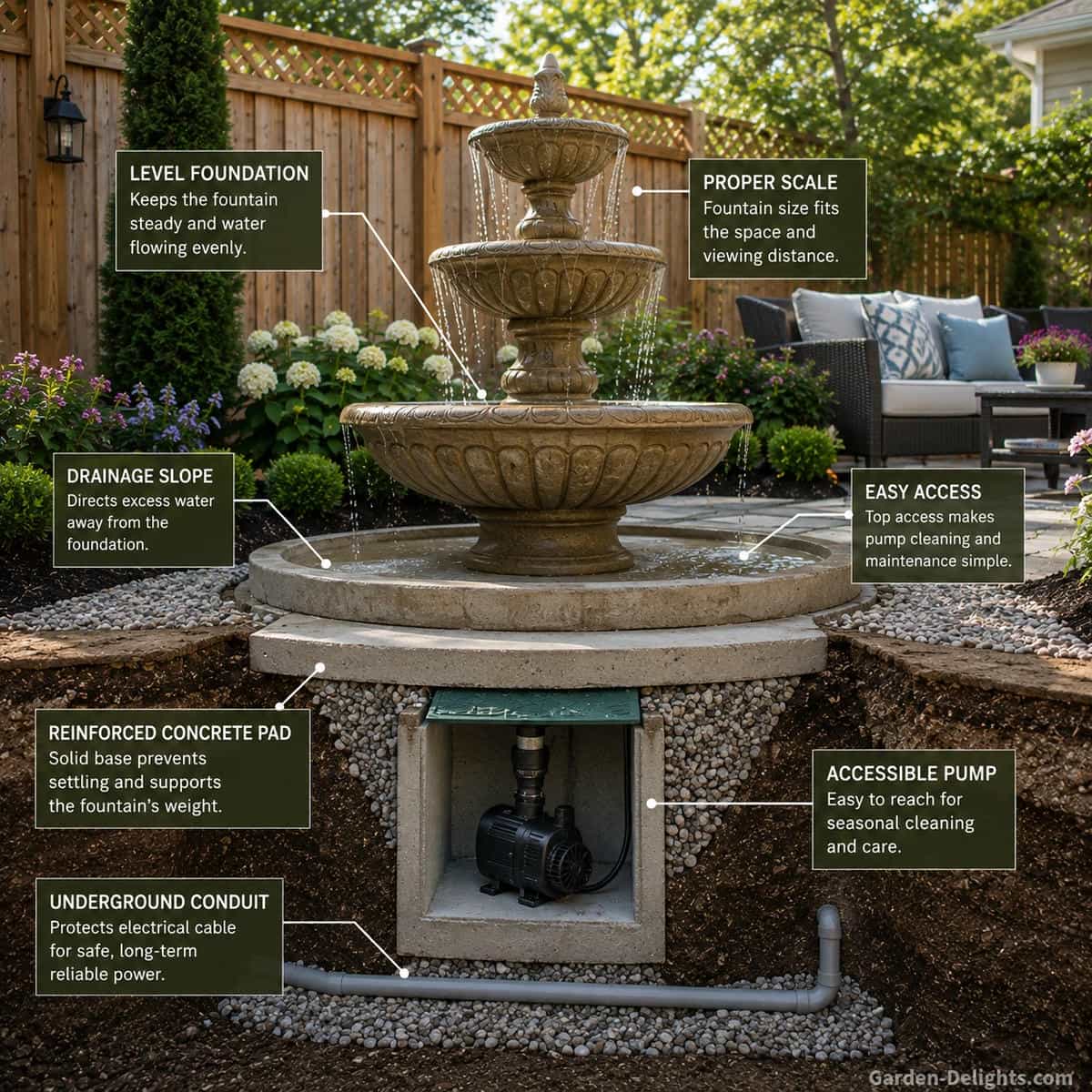 Tiered cast stone fountain installation cutaway showing reinforced concrete pad, compacted gravel, drainage slope, underground electrical conduit, centred pedestal, accessible pump and level cascading bowls