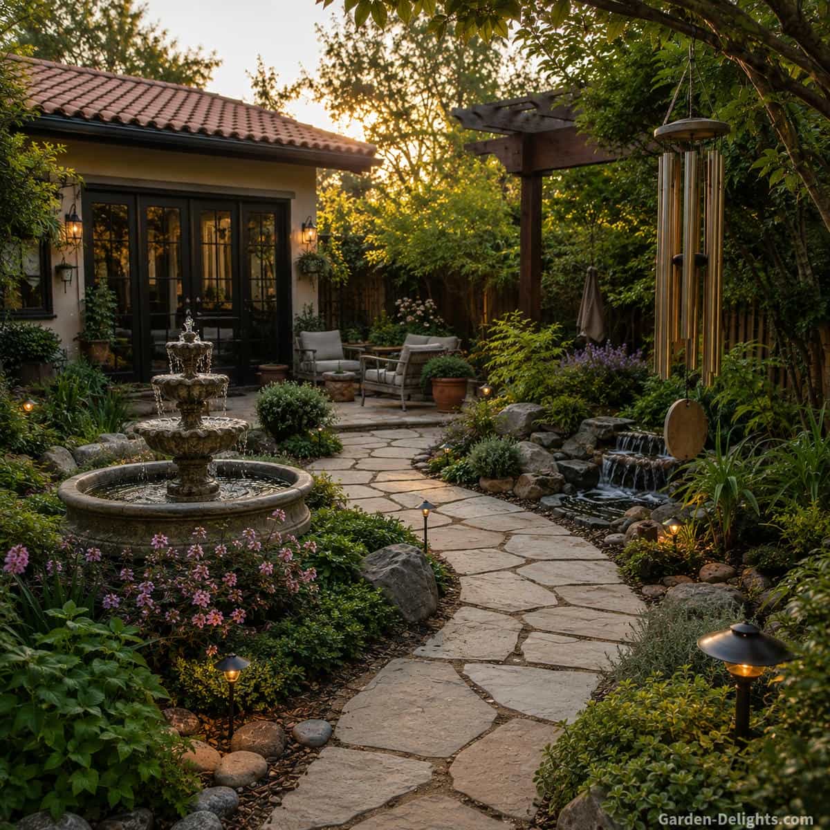 Tiered water fountain styles displayed across formal European, Mediterranean, English cottage, farmhouse, Victorian and contemporary traditional landscapes with cast stone, limestone, concrete and weathered finishes