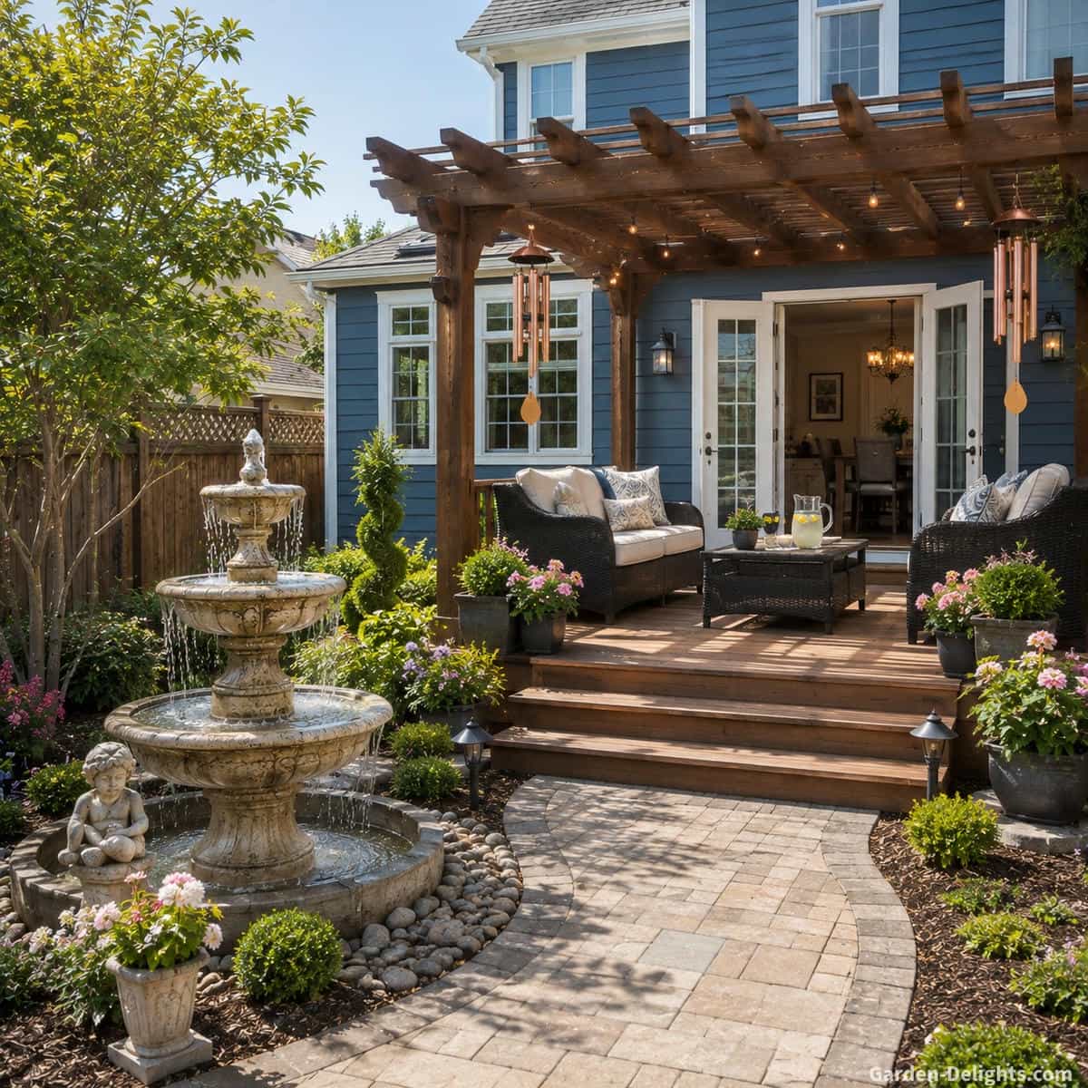 Three tier cast stone water fountain beside a pergola covered backyard deck at a blue two story home showing why cast stone, limestone, resin, bronze and other tiered fountain materials differ in appearance, durability, water sound, maintenance and long term outdoor performance
