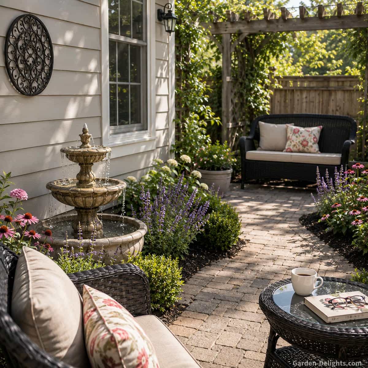 Small weathered two tier stone fountain beside a house in a daytime pollinator garden with lavender, salvia, coneflowers, low boxwood, a paved stone path, wooden pergola, black wicker loveseat, matching chair and a small coffee table with a coffee cup and book