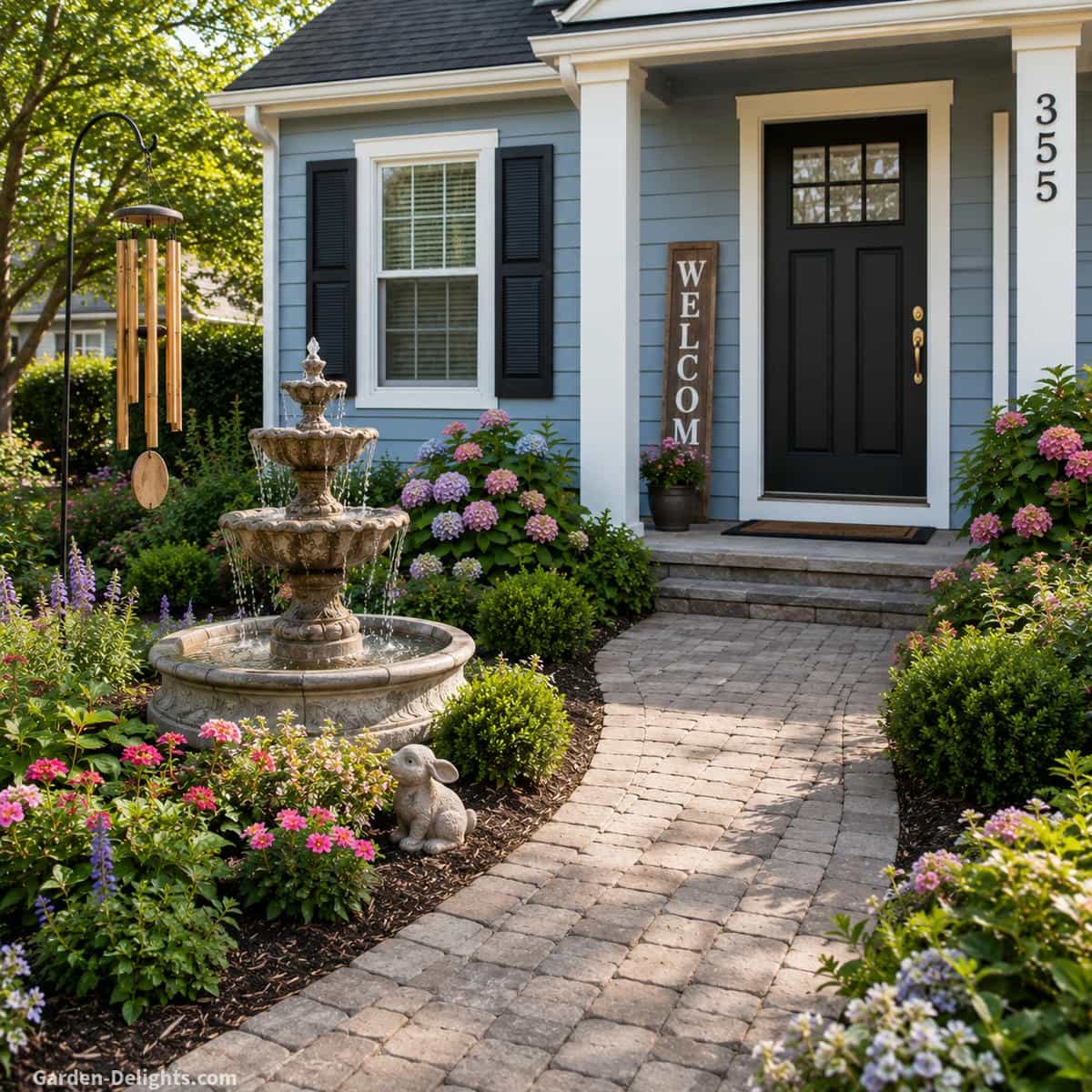 Small three tier cast stone fountain beside the front entrance of a light blue middle class home with a paved walkway, hydrangeas, boxwood, colourful flowers, bamboo wind chimes and a wooden welcome sign creating inviting curb appeal