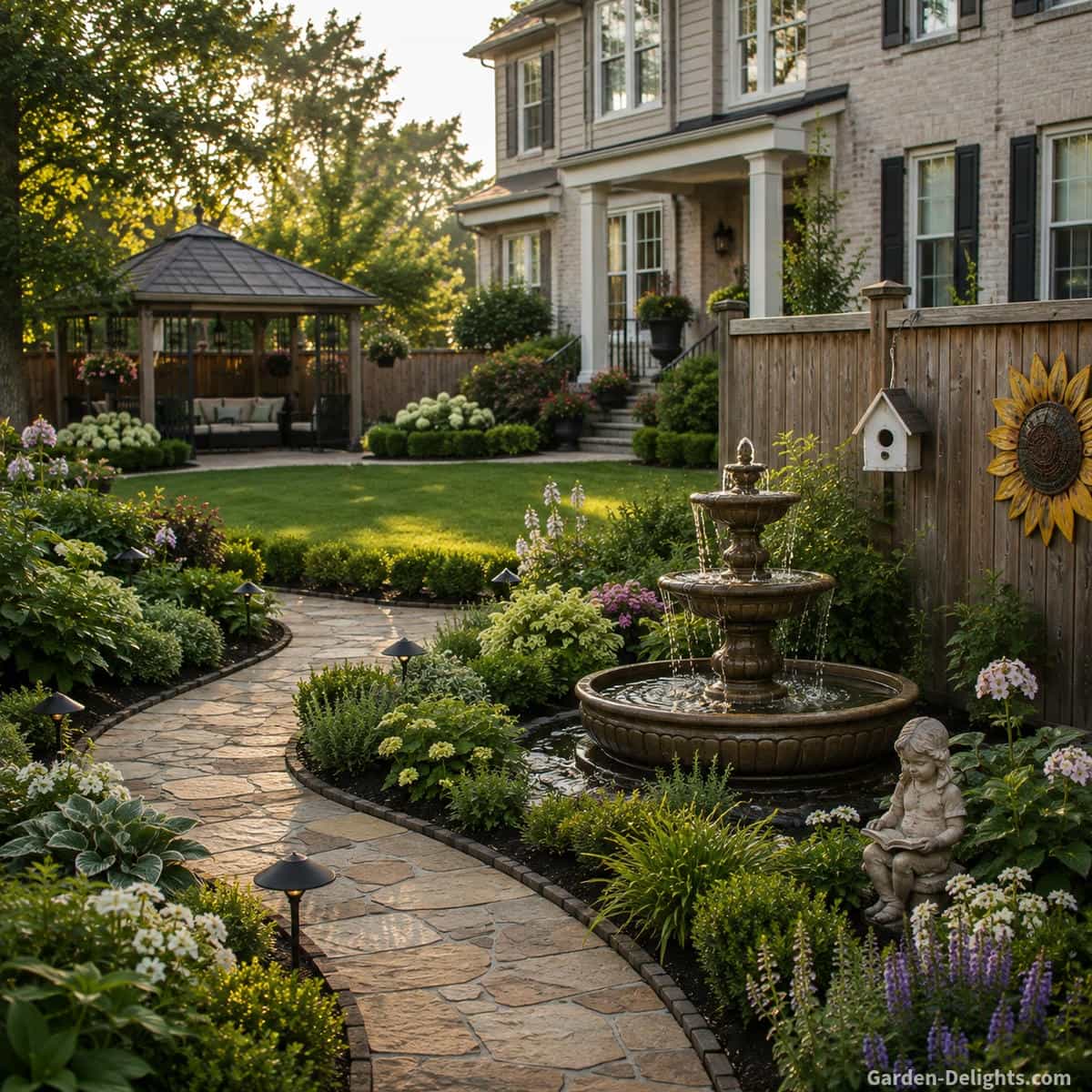 Large three tier cast stone fountain correctly scaled within an open estate lawn with a broad circular planting bed, low boxwood, white hydrangeas, curved stone paths and long views from a traditional home