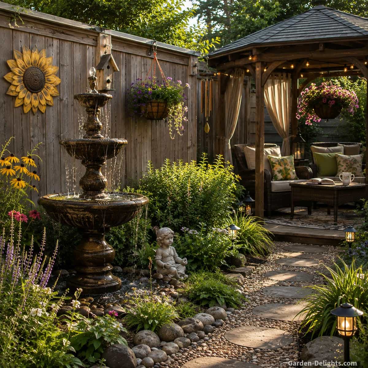Three tier bronze fountain creating layered cascading water sound beside a backyard gazebo seating area with a curved garden path, flowering perennials, concrete statue, birdhouse, sunflower fence decor and warm late afternoon light