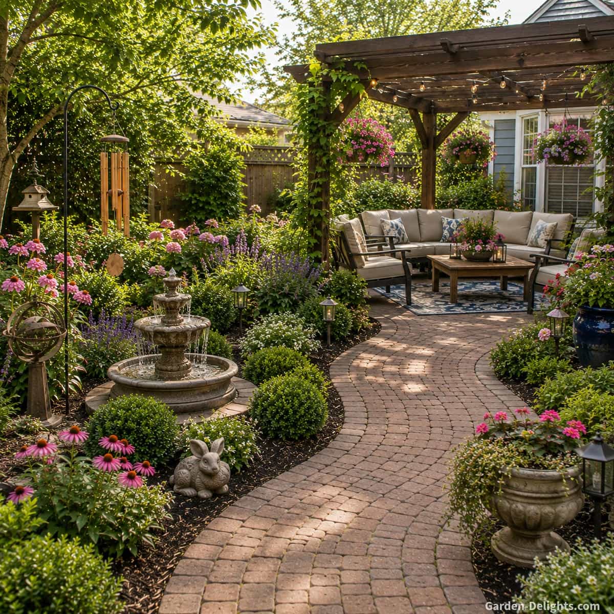 Three tier weathered stone fountain viewed from a curved brick garden walkway with an open family seating area, flowering borders, clear circulation, warm evening lighting and visible cascading water
