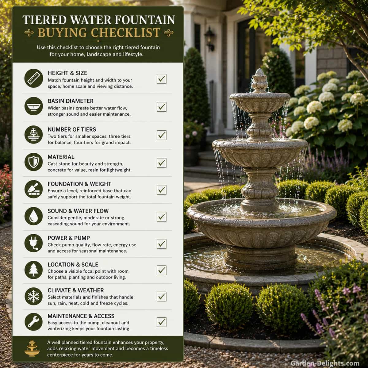 Tiered water fountain buying checklist beside a three tier cast stone fountain in a landscaped front yard covering height, basin diameter, tier count, material, foundation, sound, power, climate and maintenance