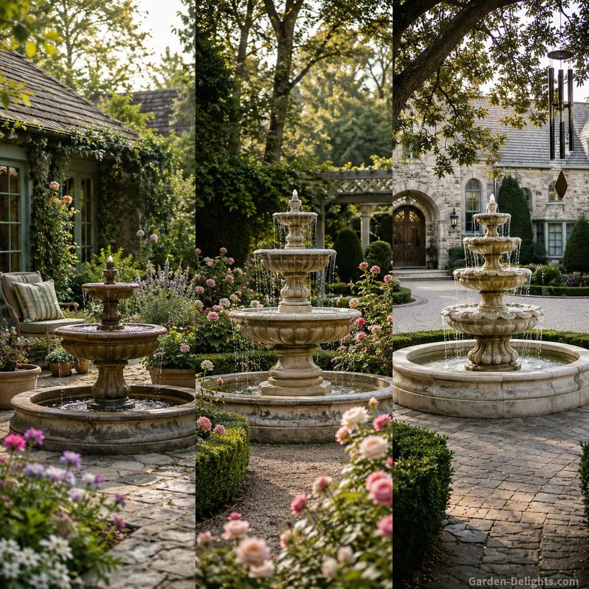 Landscape design comparison showing a small two tier resin fountain in a cottage garden, a three tier cast stone fountain in a formal rose garden and a large four tier limestone fountain at an estate entrance