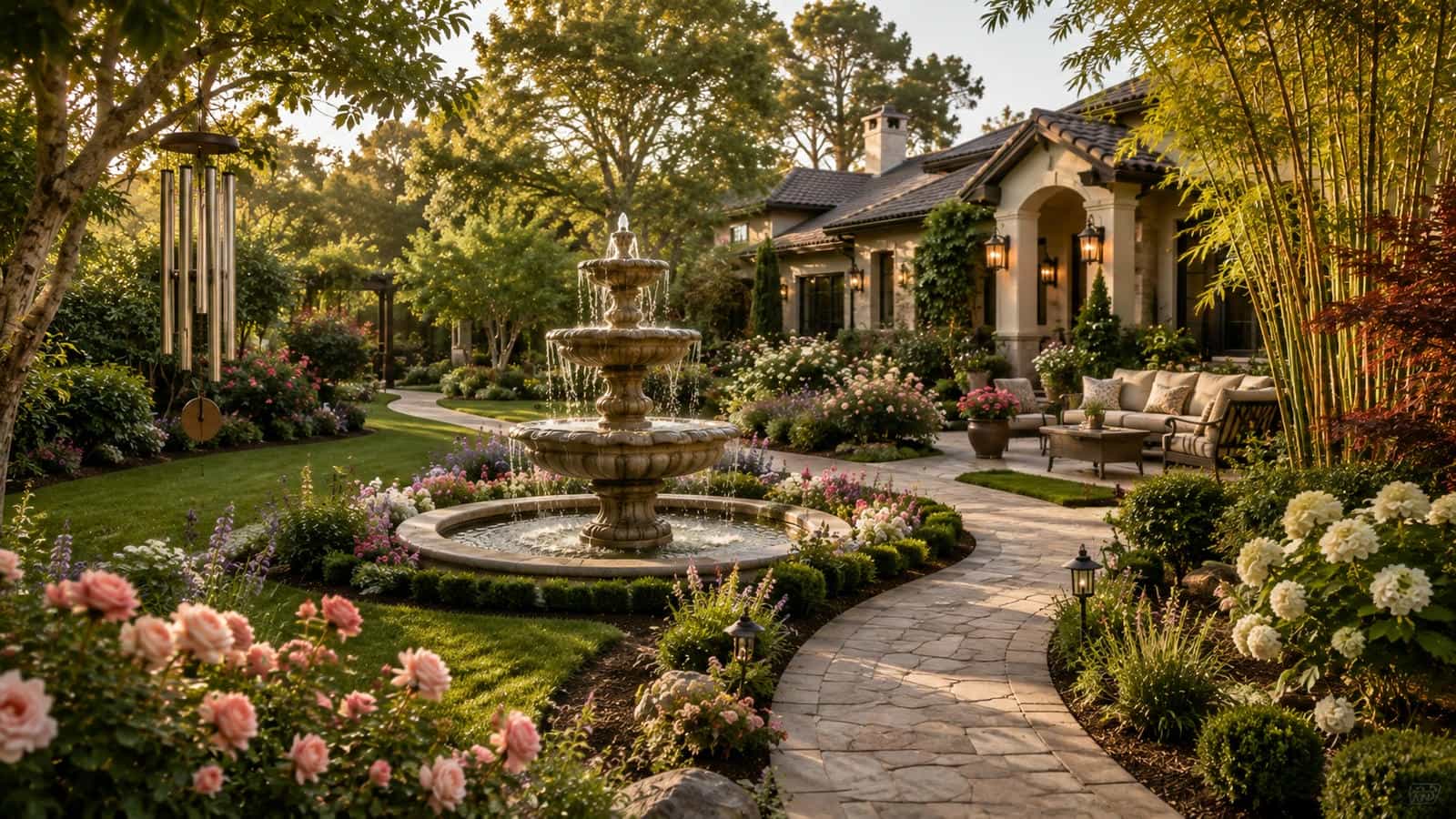 Grand three tier cast stone water fountain forming the centerpiece of an elegant formal garden with symmetrical rose beds, clipped boxwood, curved stone pathways and warm morning sunlight