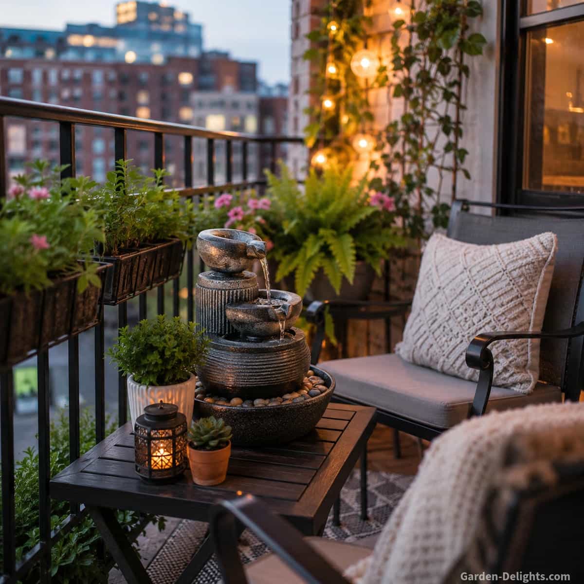 Apartment balcony water fountain showing a compact tabletop fountain beside small outdoor chairs, potted plants and balcony railing in an urban setting. The fountain symbolizes calm, privacy and gentle water sound for small outdoor spaces, condo patios, renter friendly balcony decor and compact city living.