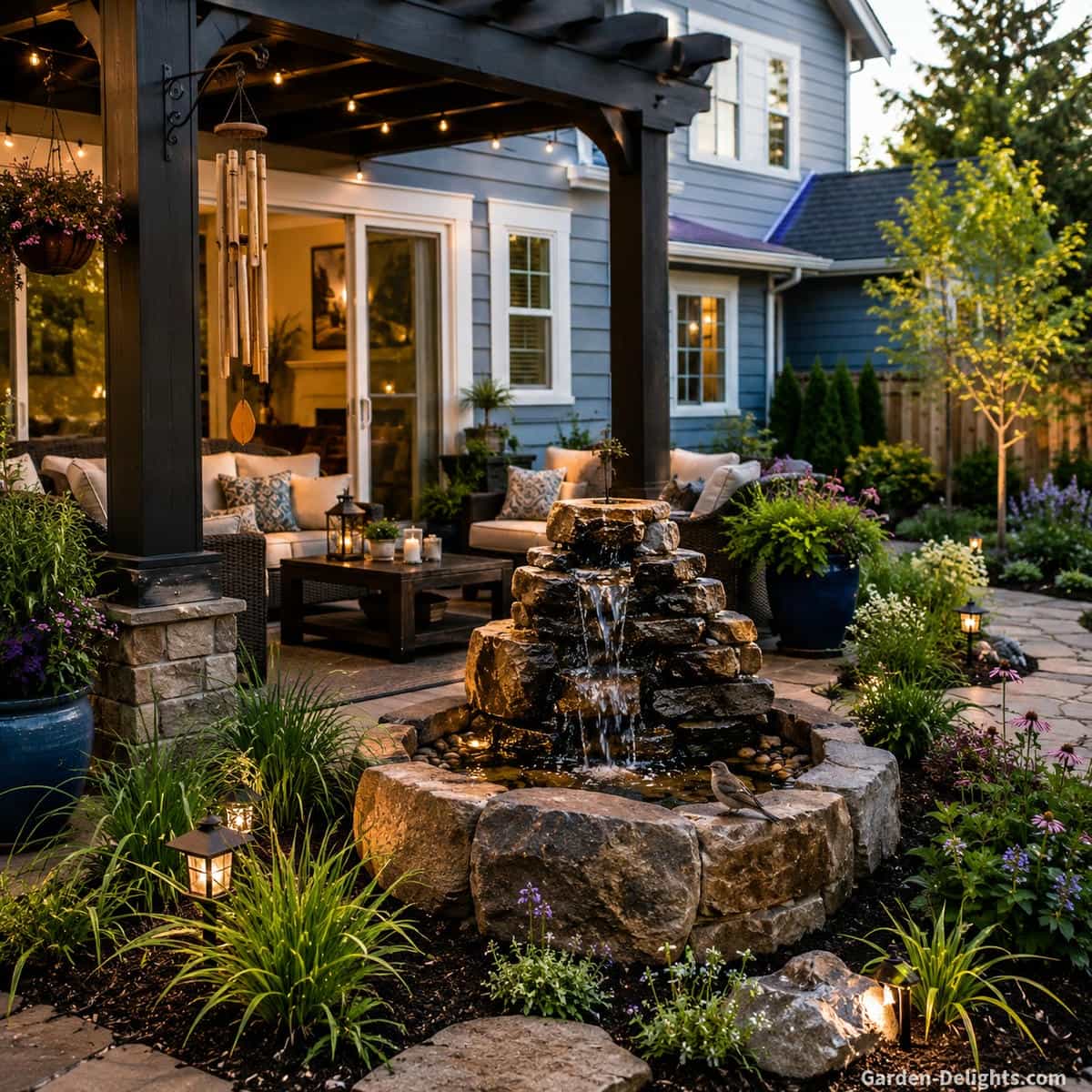 Backyard patio water fountain beneath a covered deck beside a light blue home with white trim, bamboo wind chimes hanging from a decorative hook, comfortable outdoor seating, flowering plants and gentle bubbling water. This homeowner fountain scene symbolizes harmony, relaxation, positive energy flow and the right water fountain type for a peaceful outdoor living space.