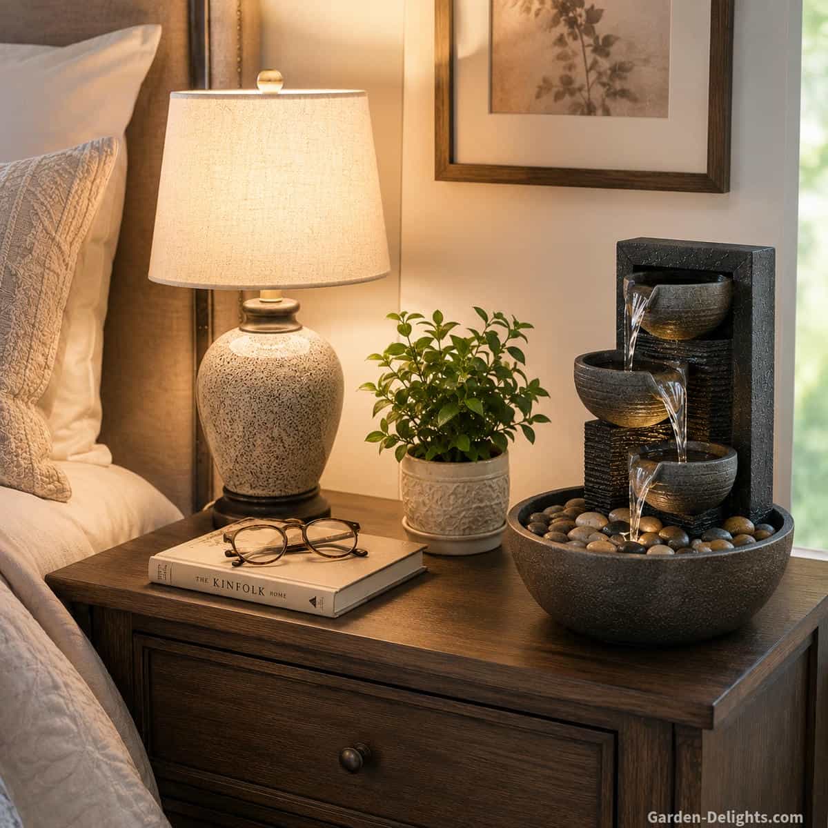 Bedroom water fountain on a protected nightstand with soft trickling water, warm bedside lighting, neutral bedding, indoor plants and quiet relaxing room decor.